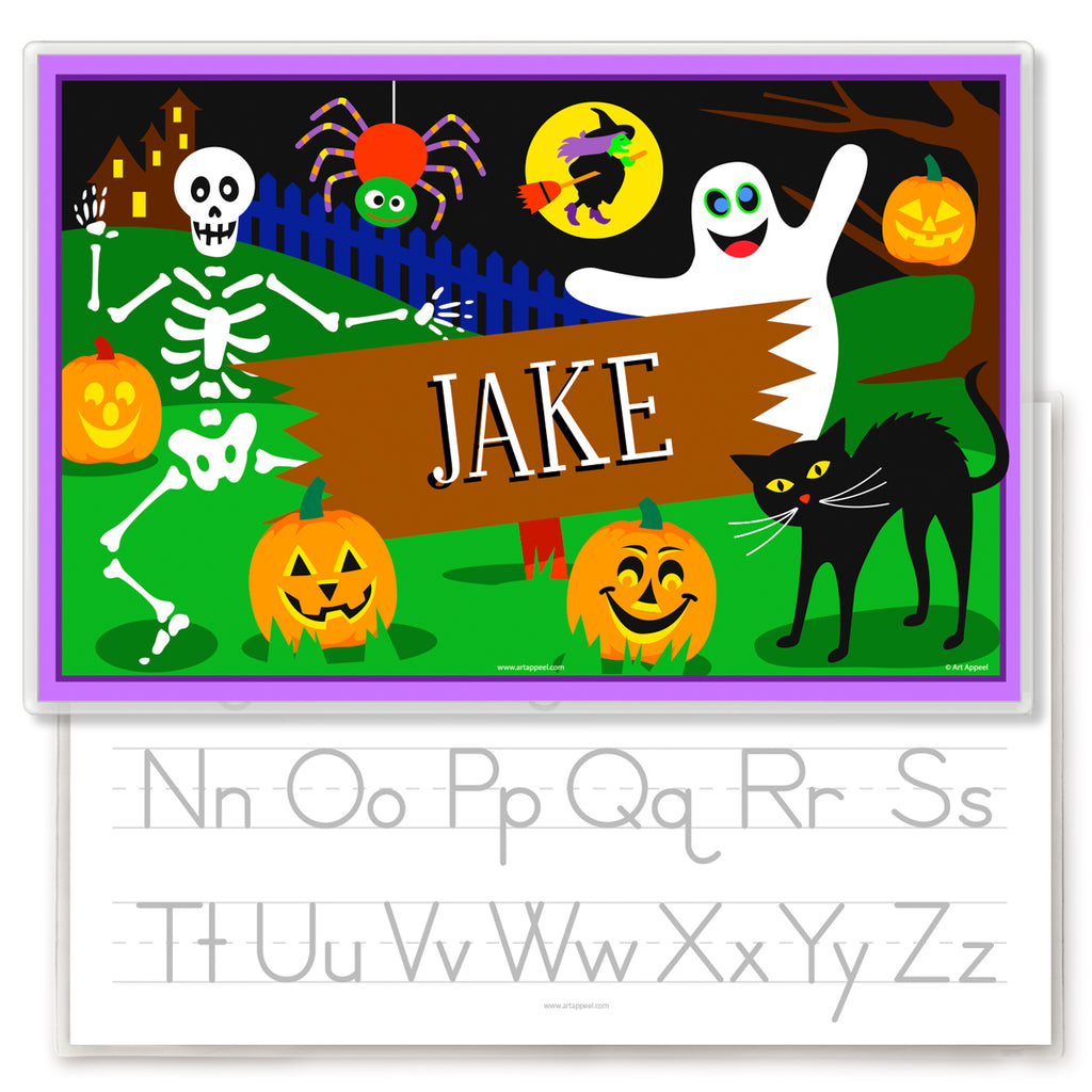 Image of reversible Halloween Placemat for kids with a spooky night scene including a ghost, skeleton, black cat, jack-o-lanterns, a full moon, and a wooden sign in the center with child name. Reverse has grey alphabet letters for tracing.