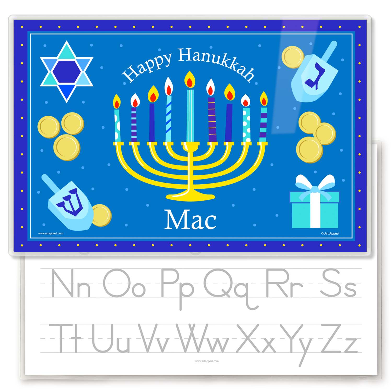 A personalized kids' placemat featuring a Hanukkah theme with a menorah, dreidels, and gelt, and a child's name.