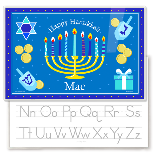 A personalized kids' placemat featuring a Hanukkah theme with a menorah, dreidels, and gelt, and a child's name.