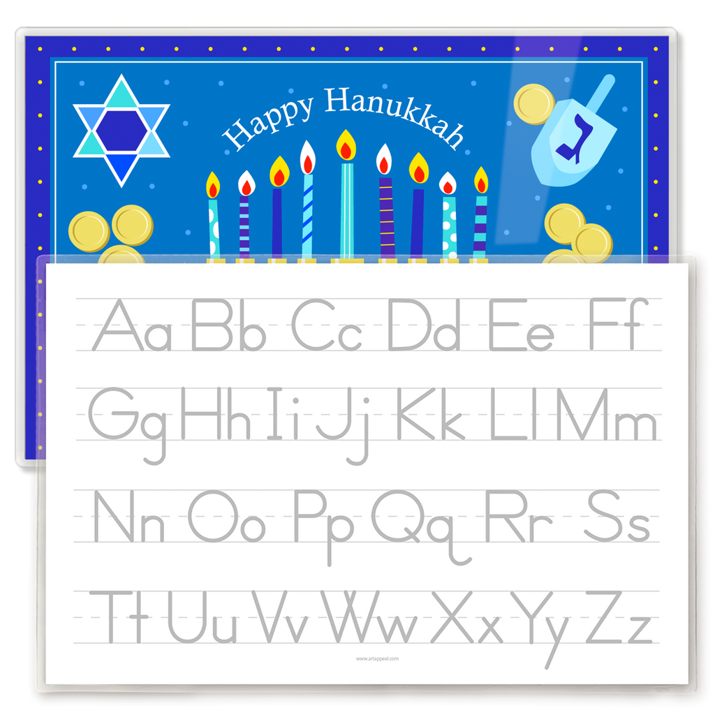 A personalized kids' placemat featuring a Hanukkah theme with a menorah, dreidels, and gelt, and a child's name.