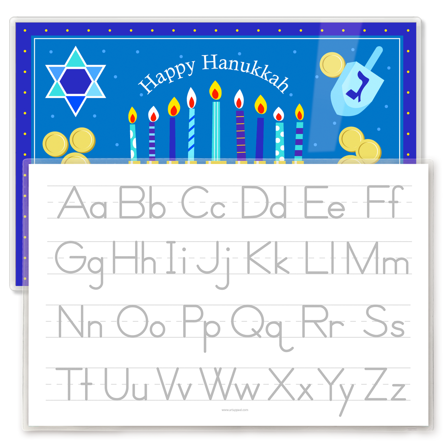 A personalized kids' placemat featuring a Hanukkah theme with a menorah, dreidels, and gelt, and a child's name.