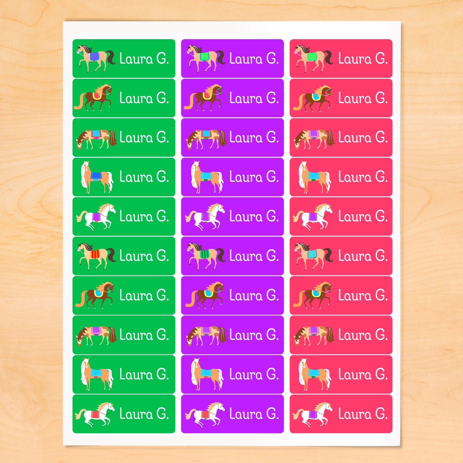 Horses Multicolor Personalized Rectangle Kids Waterproof Labels