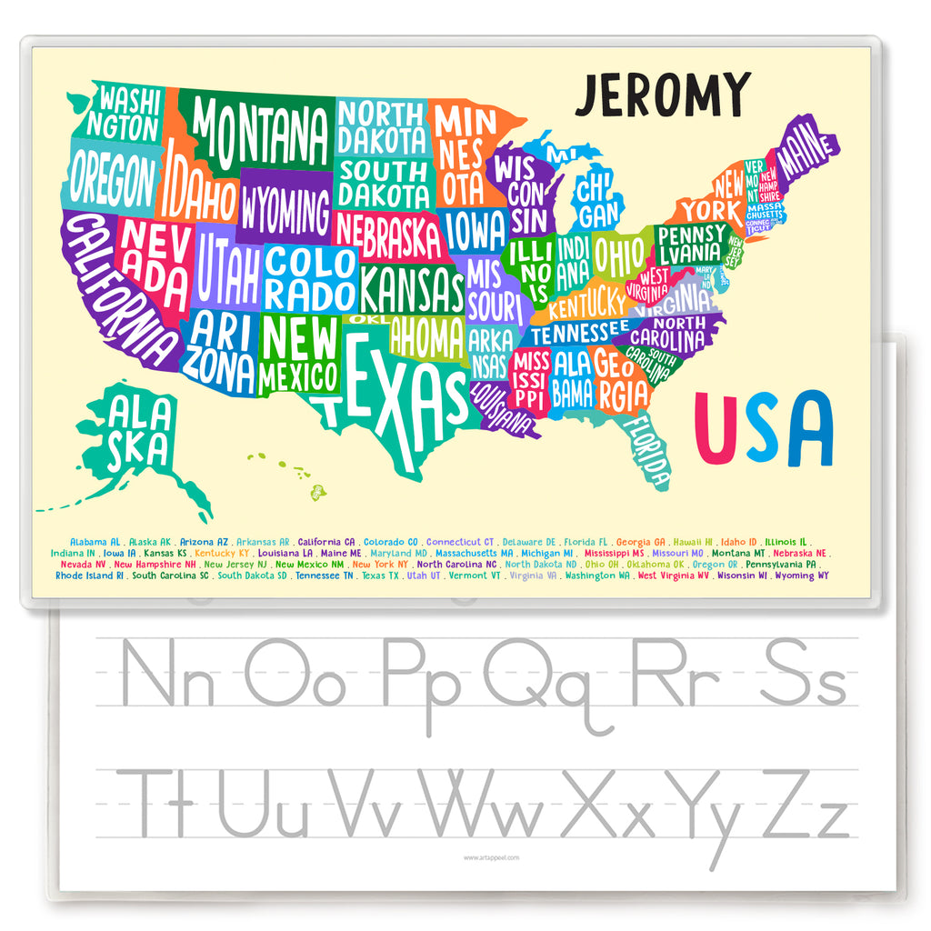 USA States Names Map Personalized Kids Placemat