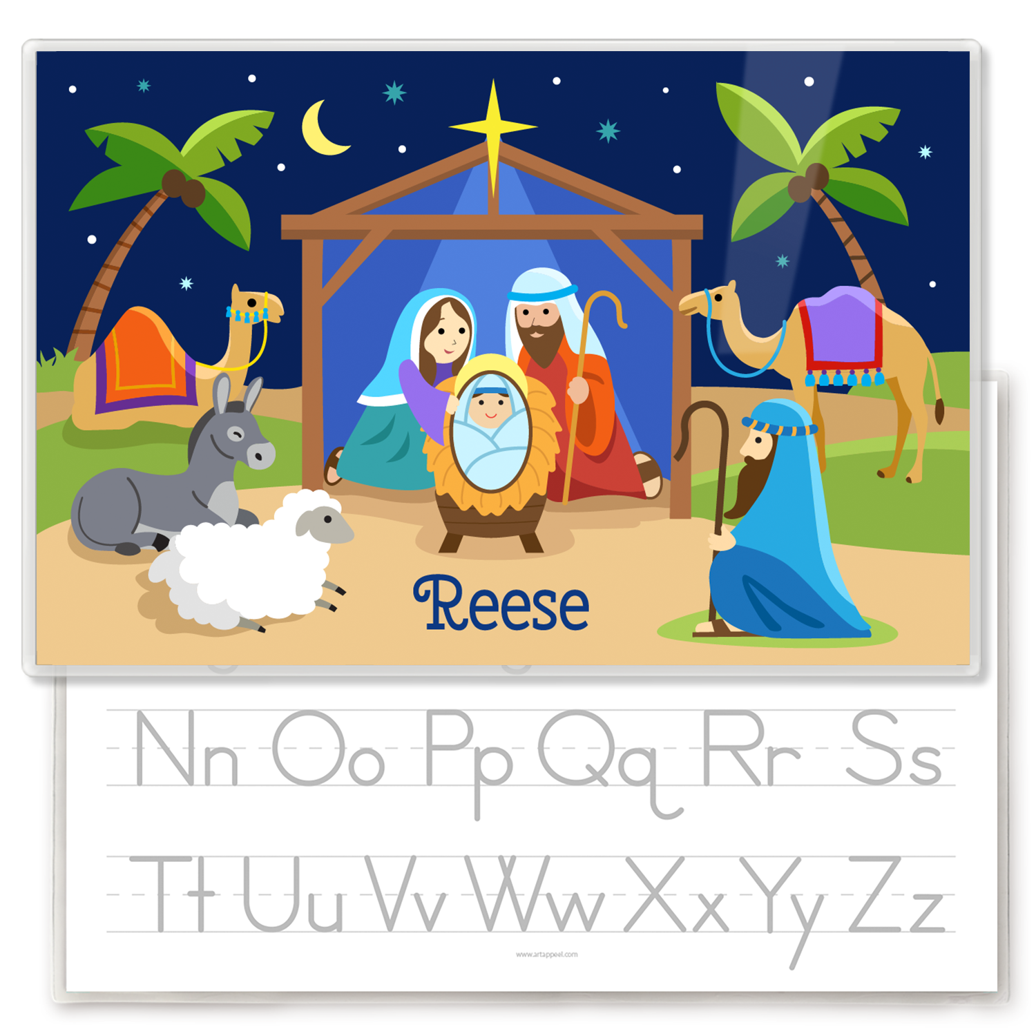 Kids personalized placemat with illustration of Nativity scene with manger, Mary Joseph and Baby Jesus, palm trees, shepherd, animals and the Christmas star.  Personalized with childs name at the bottom. Reverse side has alphabet letters for tracing.