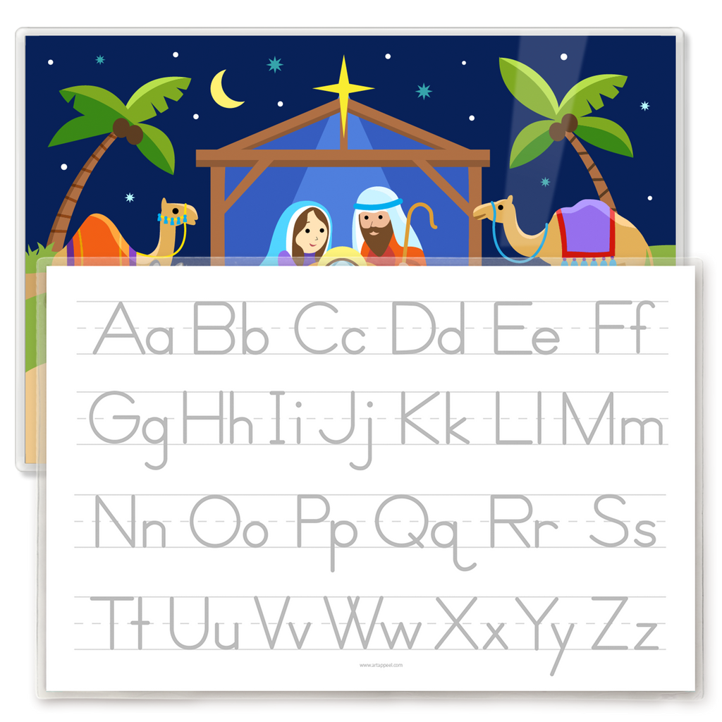 Kids personalized placemat with illustration of Nativity scene with manger, Mary Joseph and Baby Jesus, palm trees, shepherd, animals and the Christmas star.  Personalized with childs name at the bottom. Reverse side has alphabet letters for tracing and is featured it this photo.