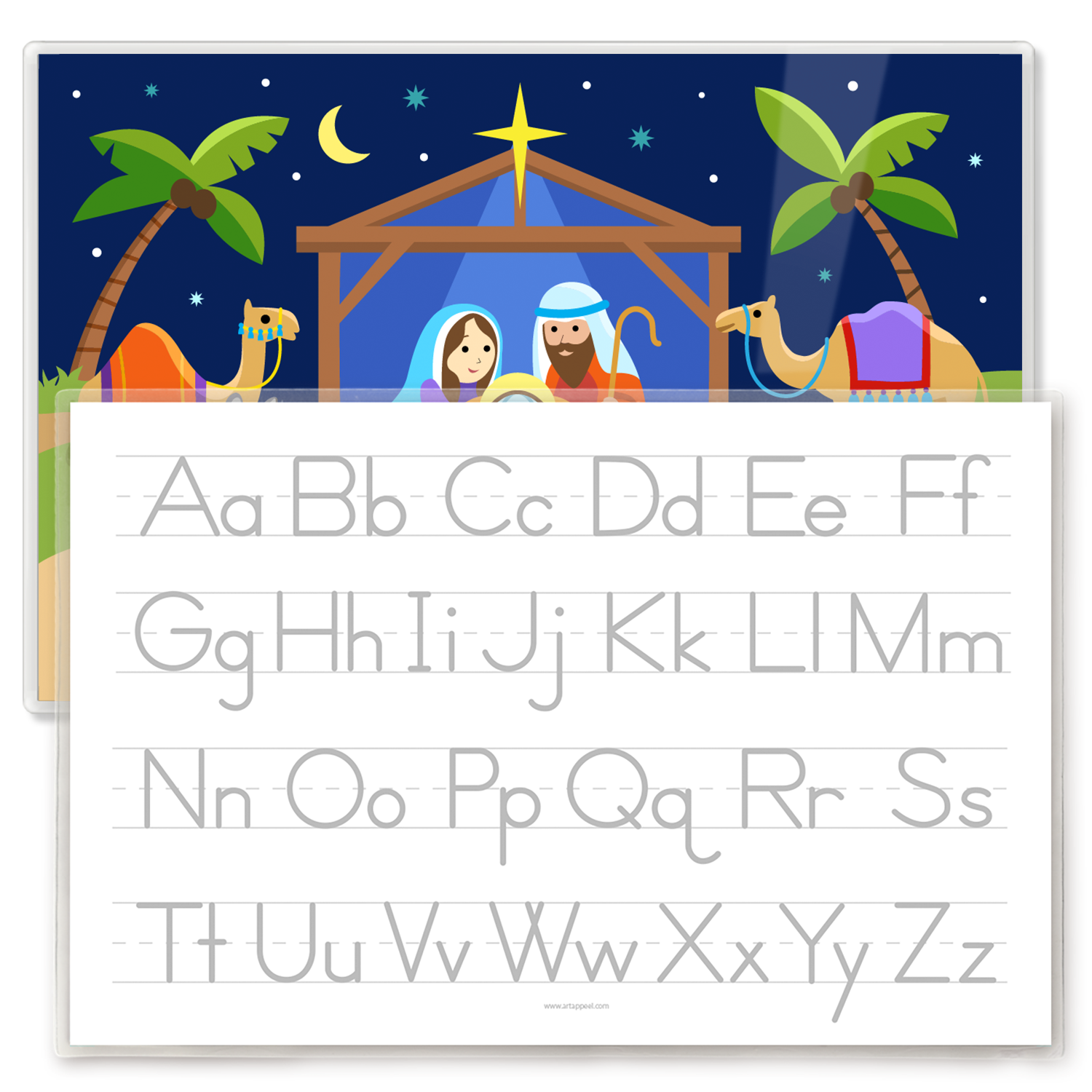 Kids personalized placemat with illustration of Nativity scene with manger, Mary Joseph and Baby Jesus, palm trees, shepherd, animals and the Christmas star.  Personalized with childs name at the bottom. Reverse side has alphabet letters for tracing and is featured it this photo.