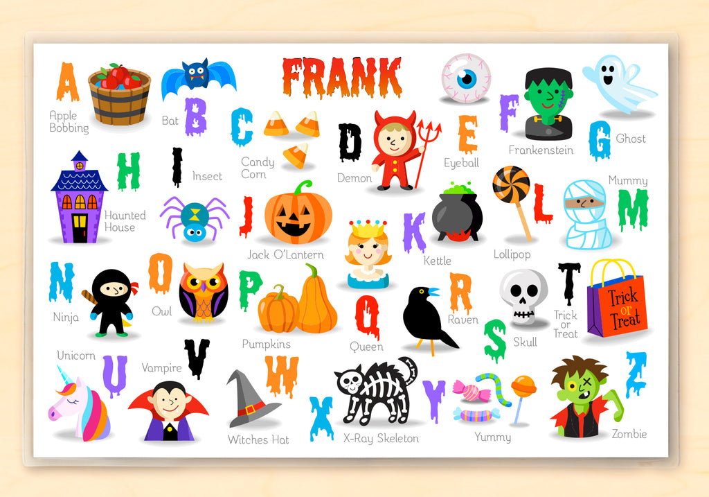 This is a personalized placemat for kids featuring the alphabet with a Halloween icon for each letter