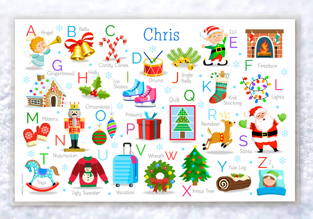 Introducing our Christmas Alphabet Personalized Placemat for kids! From Angels to Yule Logs, each letter features delightful Christmas icons. Make holiday mealtimes magical with their name! Perfect for festive dining and cherished memories. The back has our classic Alphabet that makes learning penmanship fun. A perfect gift for birthdays, holidays or any occasion!