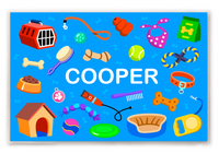 Personalized dog placemat, featuring a collection of pet toys and accessories on a blue background with 'COOPER' text.