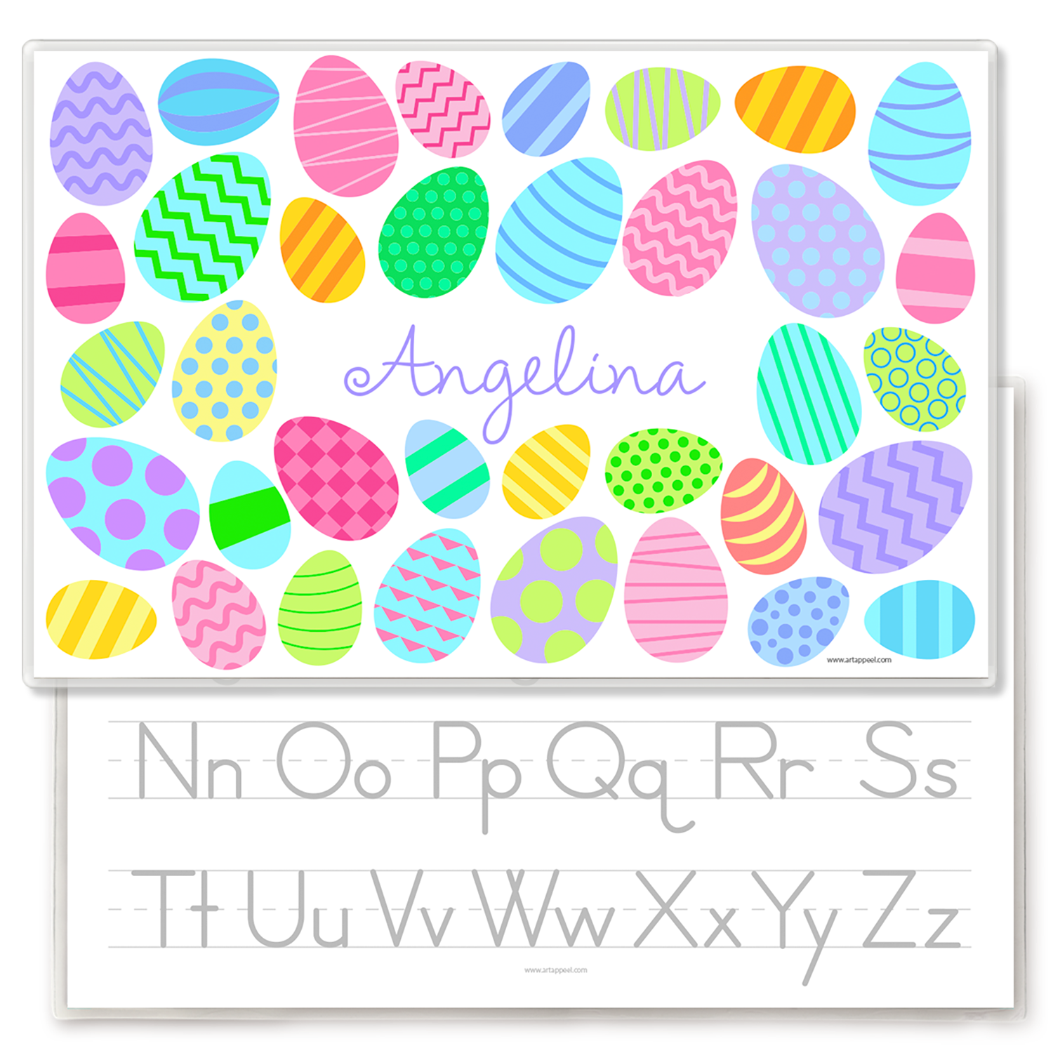 Personalized Easter placemat featuring colorful patterned eggs in pastel shades of pink, blue, green, yellow, and purple surrounding the name Angelina in a playful script font. The festive Easter egg designs include stripes, polka dots, zigzags, waves, and geometric patterns on a light gray background. Laminated kids placemat shown over an alphabet handwriting practice sheet.