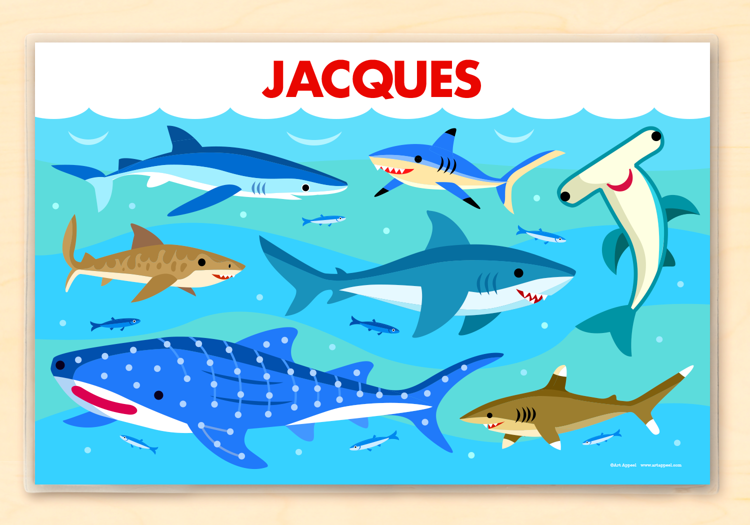 Custom shark placemat for kids by Art Appeel, featuring a vibrant underwater scene, durable and easy-to-clean, perfect for young Shark Week fans.