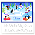 Winter Penguins Personalized Kids Placemat featuring the name Clara and showing a traceable alphabet on the back.