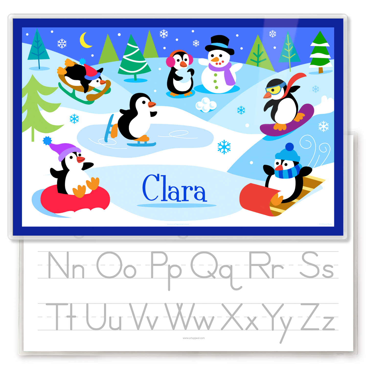 Winter Penguins Personalized Kids Placemat featuring the name Clara and showing a traceable alphabet on the back.