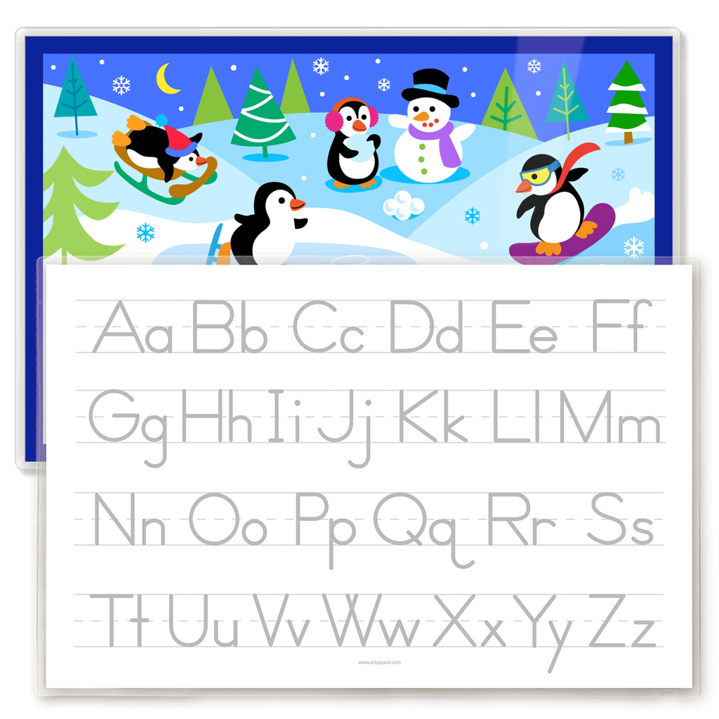 Winter Penguins Personalized Kids Placemat featuring the name Clara and showing a traceable alphabet on the back, which is more prominent in this photo.