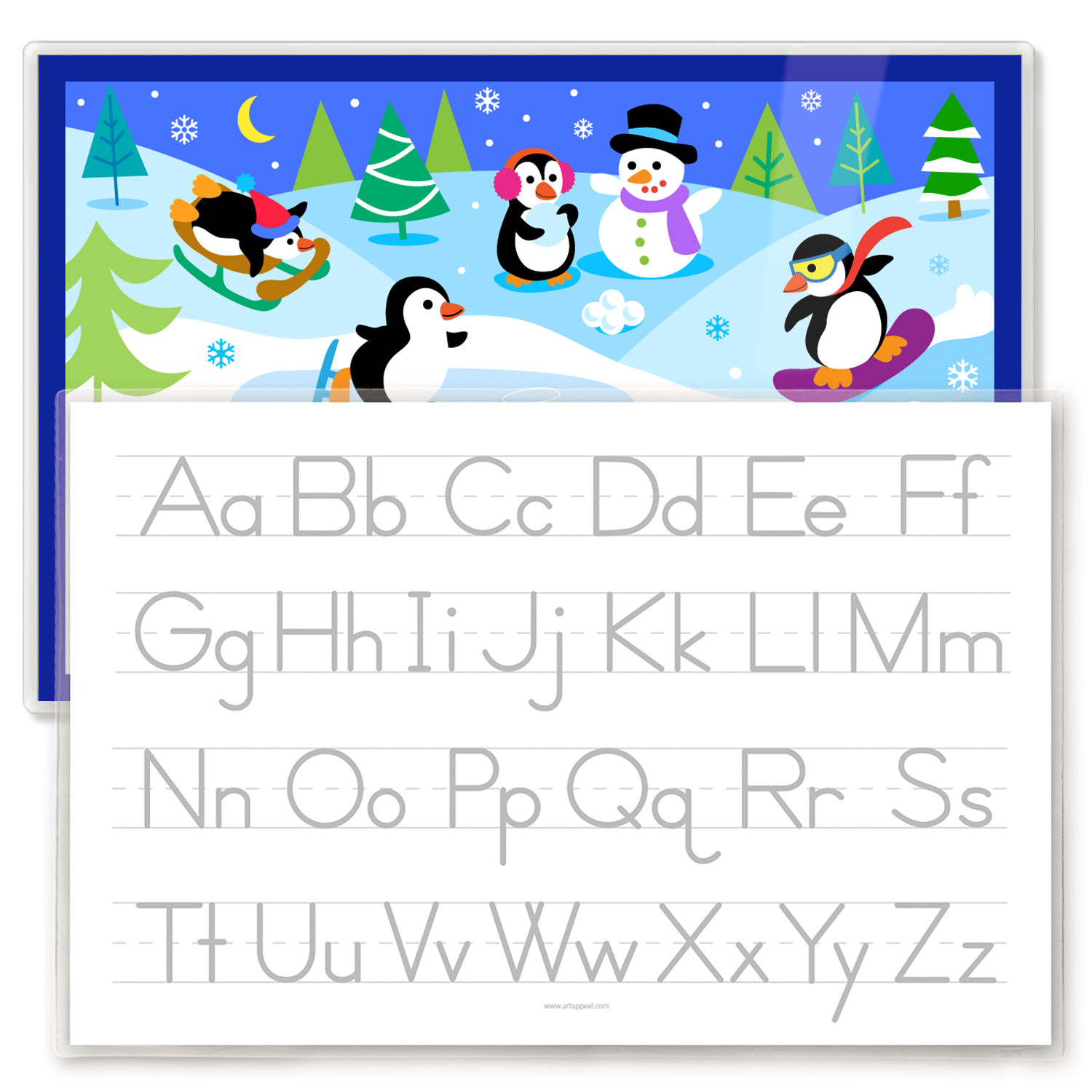 Winter Penguins Personalized Kids Placemat featuring the name Clara and showing a traceable alphabet on the back, which is more prominent in this photo.