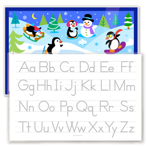 Winter Penguins Personalized Kids Placemat featuring the name Clara and showing a traceable alphabet on the back, which is more prominent in this photo.