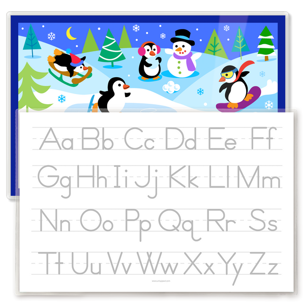 Winter Penguins Personalized Kids Placemat featuring the name Clara and showing a traceable alphabet on the back, which is more prominent in this photo.