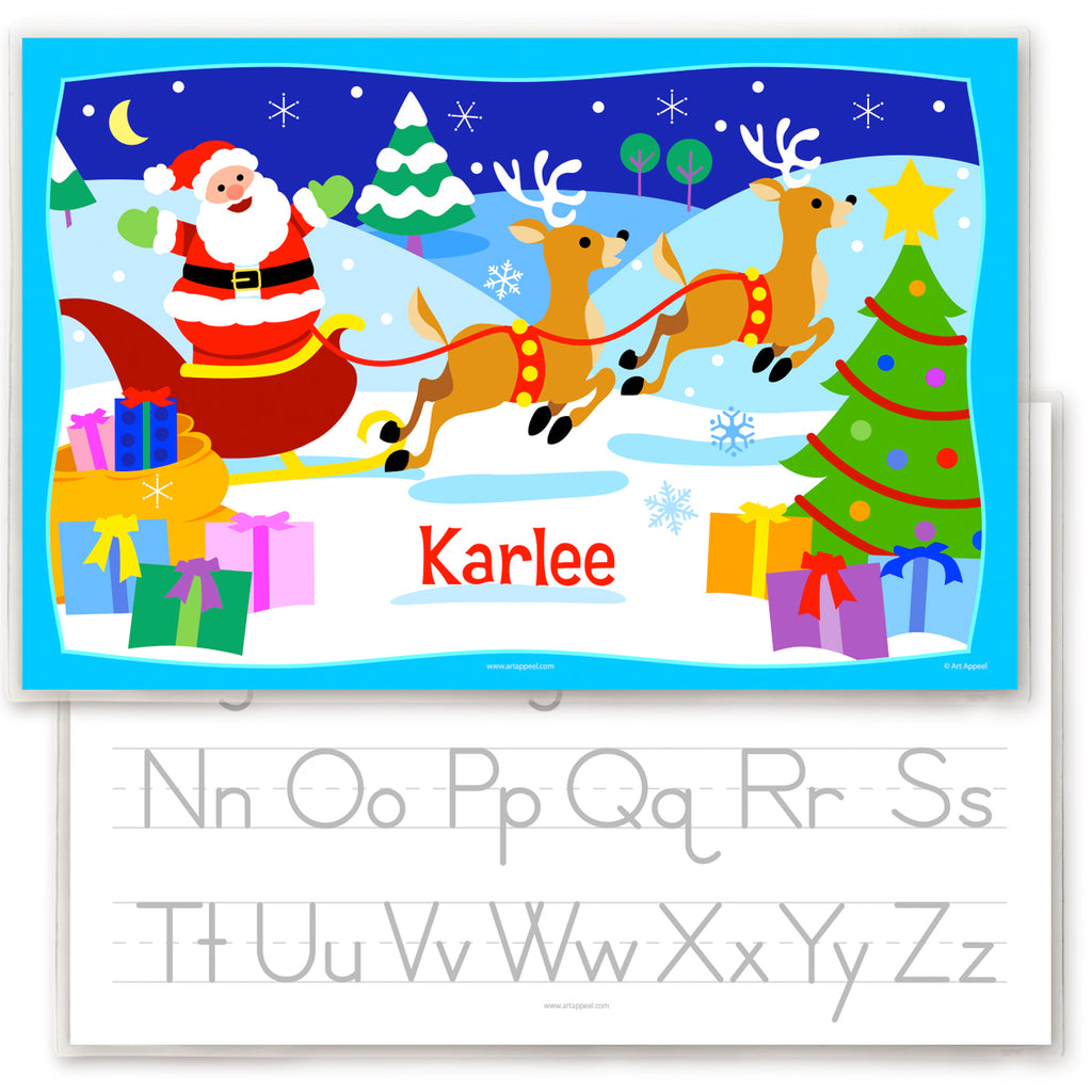 Personalized Placemat of Santa with his reindeer and sleigh in a snowy christmas scene. Personalized with child's name in red.  Placemat back has upper and lower case alphabet letters for tracing. 