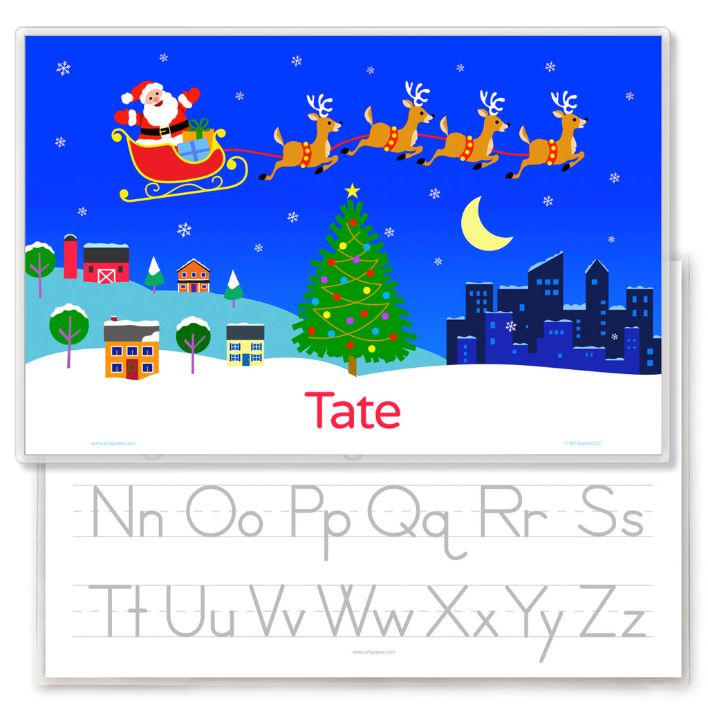 Kids personalized placemat with Santa and his reindeer flying over city and country town in a night scene. Child name is at the bottom. Reverse  has upper and lower case alphabet letters on grey lines for tracing.
