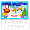 Personalized Placemat of Santa with his reindeer and sleigh in a snowy christmas scene. Personalized with child's name in red.  Placemat back has upper and lower case alphabet letters for tracing. 