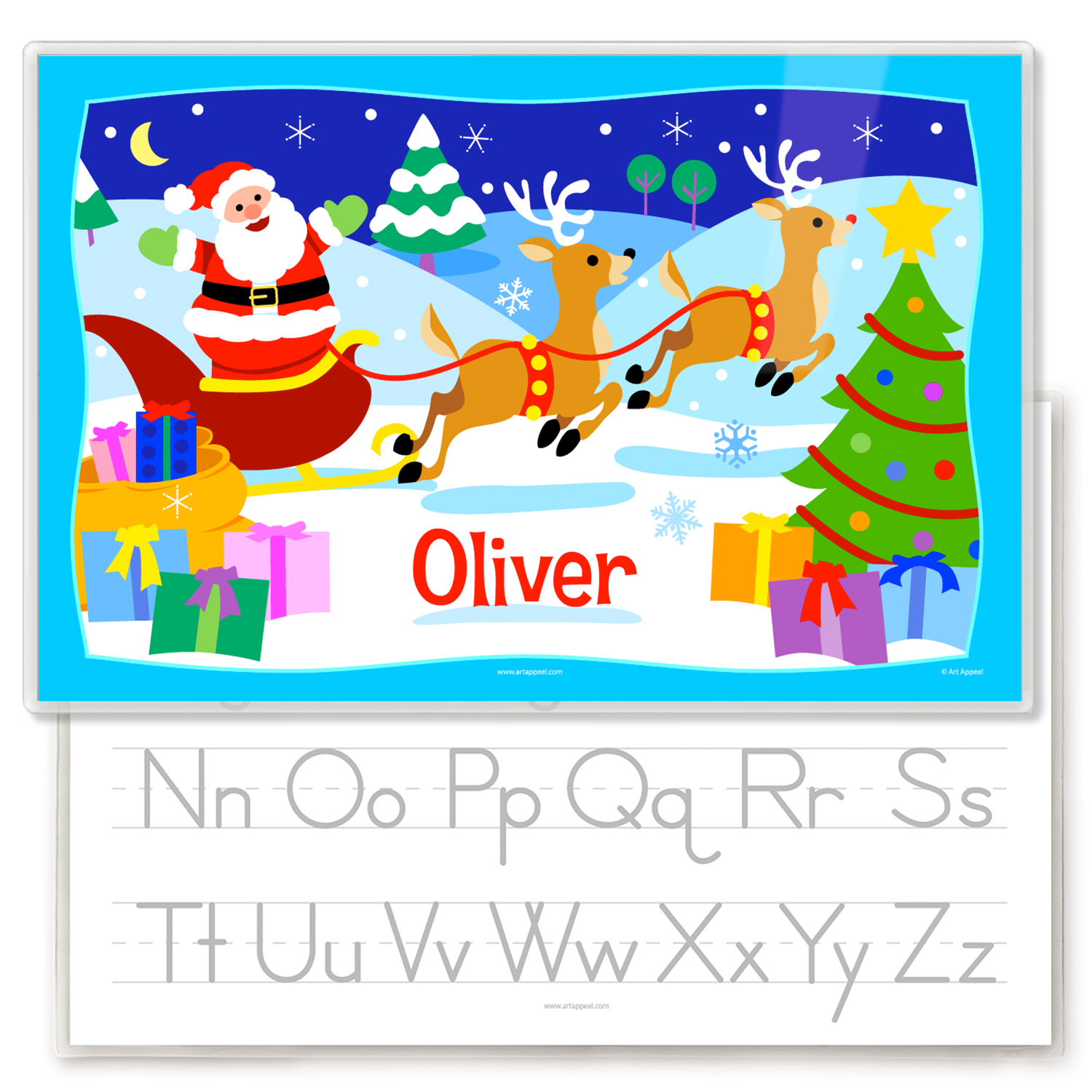 Personalized Placemat of Santa with his reindeer and sleigh in a snowy christmas scene. Personalized with child's name in red.  Placemat back has upper and lower case alphabet letters for tracing. 