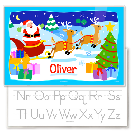 Personalized Placemat of Santa with his reindeer and sleigh in a snowy christmas scene. Personalized with child's name in red.  Placemat back has upper and lower case alphabet letters for tracing. 