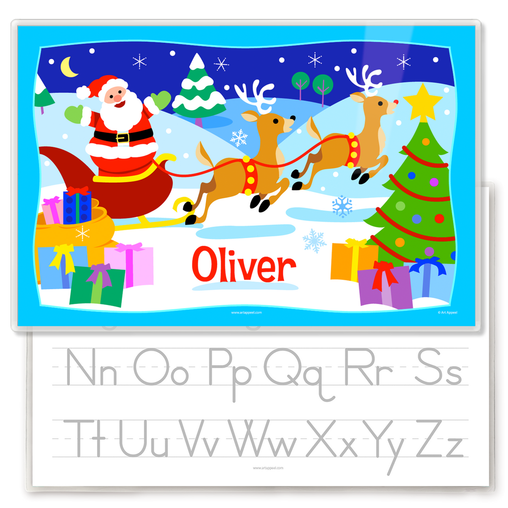 Personalized Placemat of Santa with his reindeer and sleigh in a snowy christmas scene. Personalized with child's name in red.  Placemat back has upper and lower case alphabet letters for tracing. 