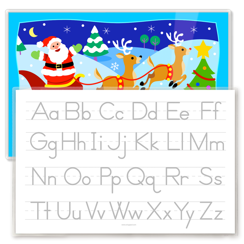 Christmas Santa Sleigh Personalized Kids Placemat. Santa and his reindeer in a snowy Christmas scene with traceable alphabet reverse featured.