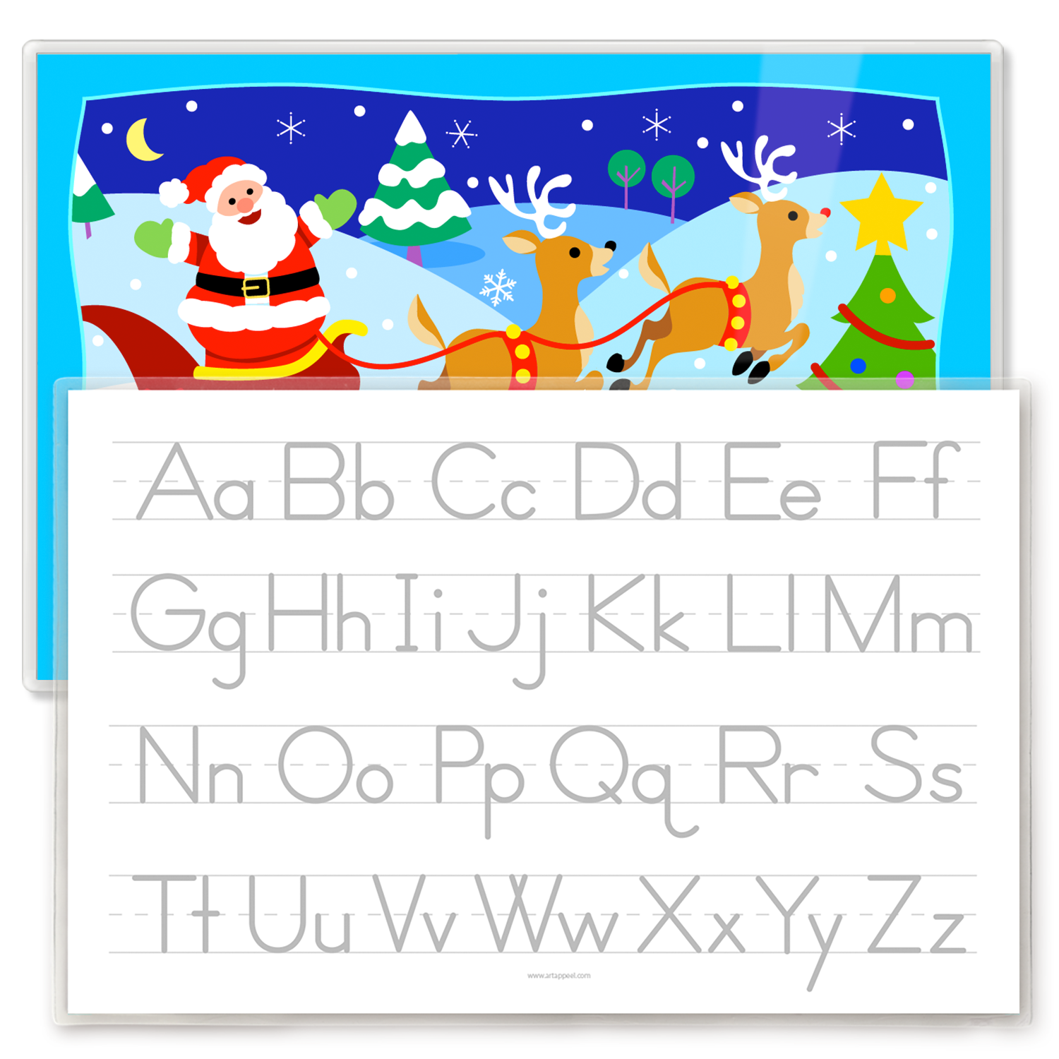 Christmas Santa Sleigh Personalized Kids Placemat. Santa and his reindeer in a snowy Christmas scene with traceable alphabet reverse featured.