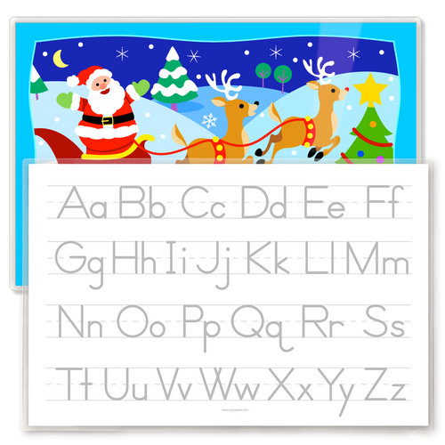 Christmas Santa Sleigh Personalized Kids Placemat. Santa and his reindeer in a snowy Christmas scene with traceable alphabet reverse featured.