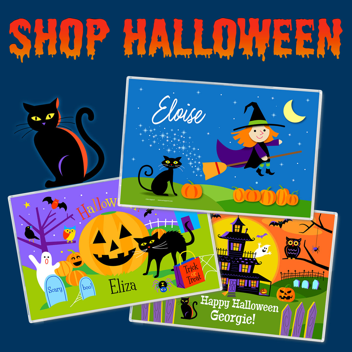 "Shop Halloween" in orange dripping letters on a navy background, beside a black cat illustration. Three personalized children's placemats are fanned out: a red-haired witch flying on a broomstick under a crescent moon, personalized "Eloise"; a grinning jack-o'-lantern with an arched black cat, ghost, and tombstones, personalized "Eliza"; and a purple haunted house with owls and bats reading "Happy Halloween Georgie!"