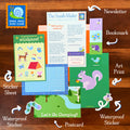 Kids Snail Mail Club Subscription for July with a camping theme, including a newsletter, art print, bookmark, sticker sheet, postcard, and two holographic stickers