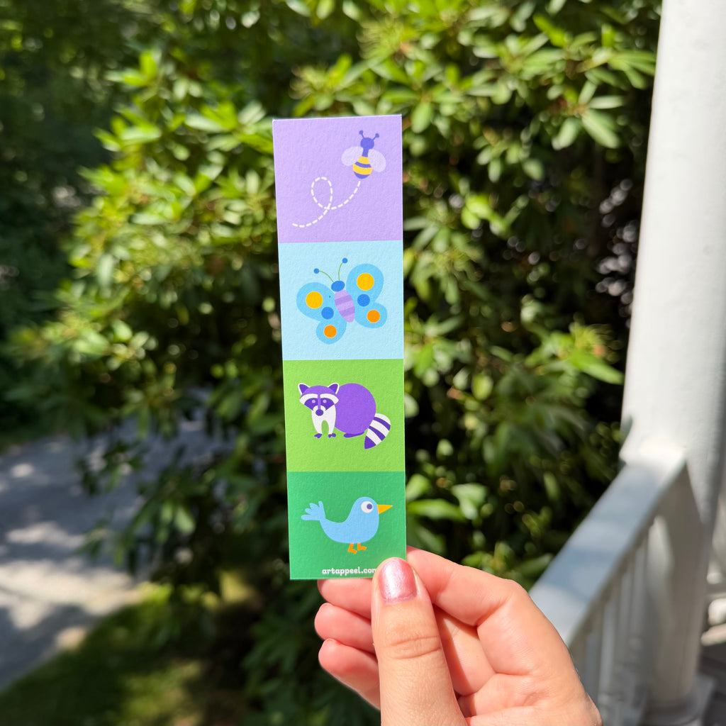 Kids mail club bookmark for July with a bee, butterfly, raccoon, and bird on colorful squares
