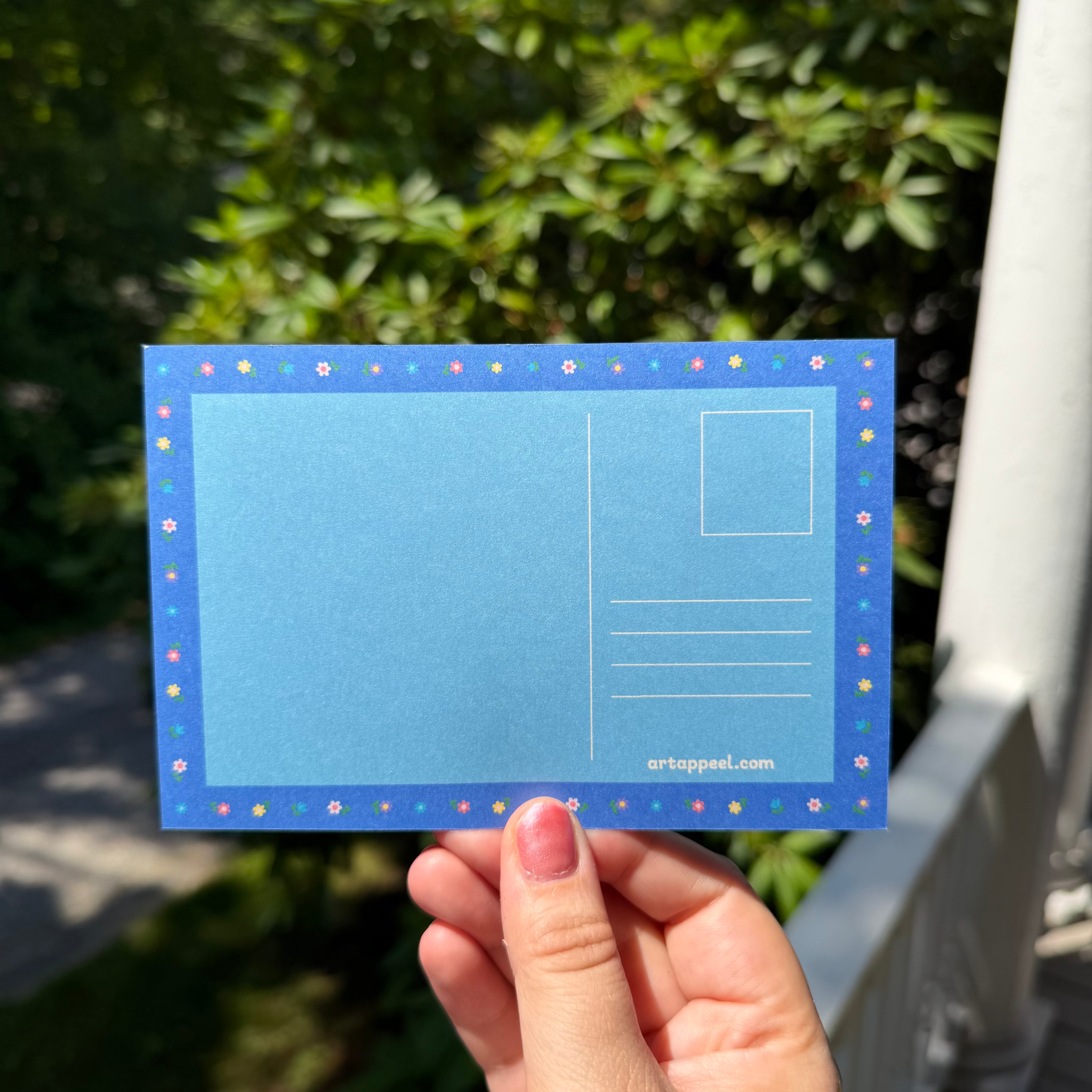 Kids mail club colorful blue blank postcard with little flowers around the border