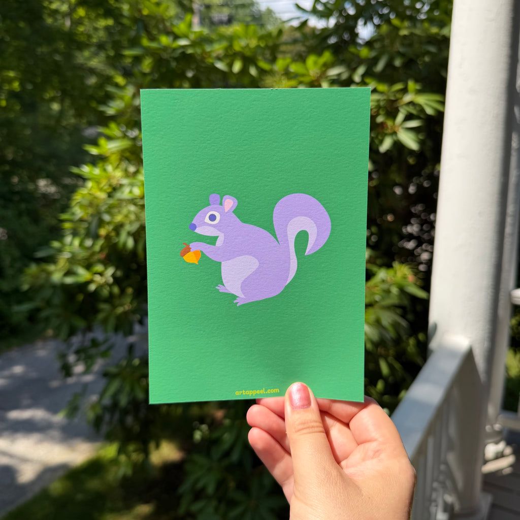 Colorful kids snail mail club art print featuring a fat purple squirrel holding an acorn on a forest green background
