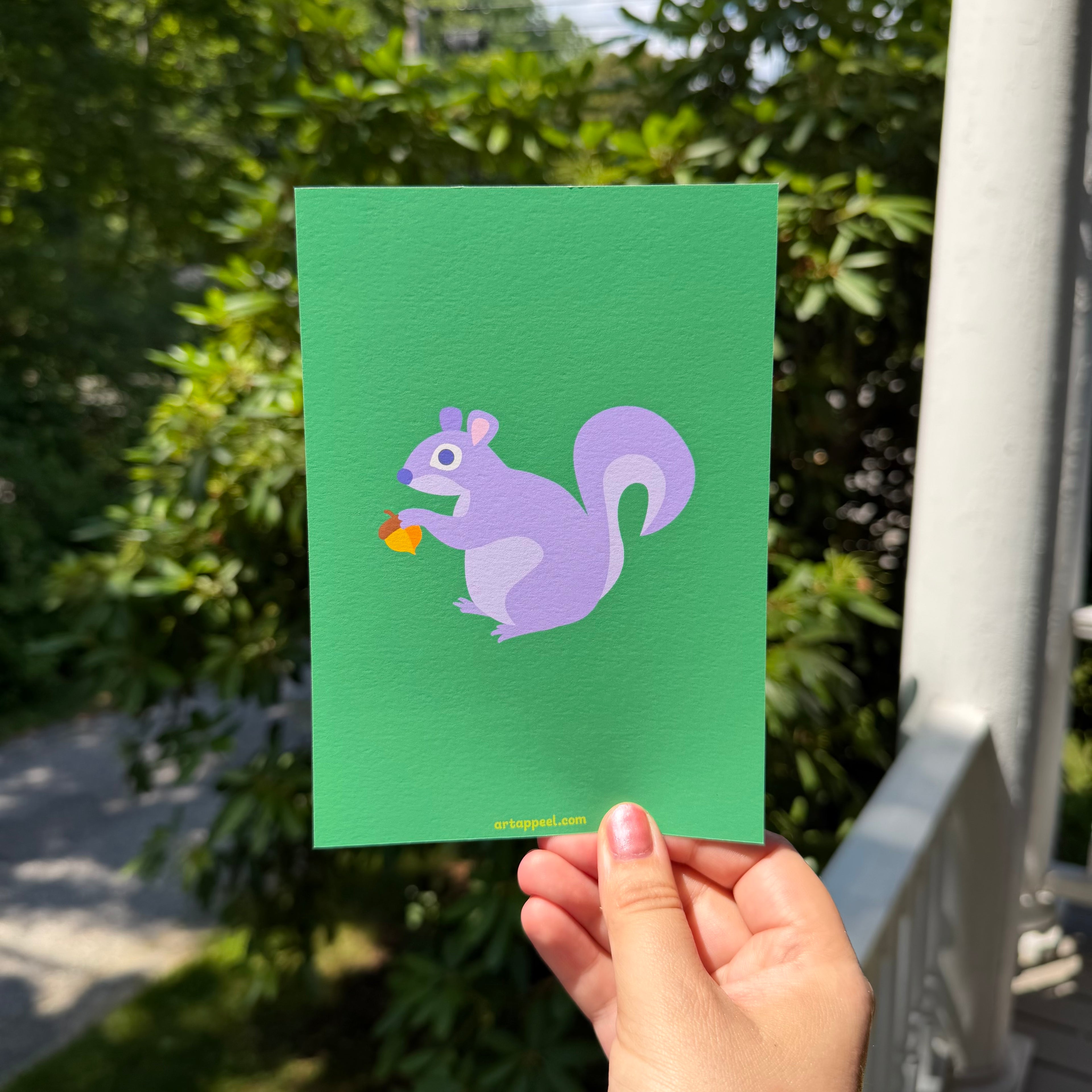 Colorful kids snail mail club art print featuring a fat purple squirrel holding an acorn on a forest green background