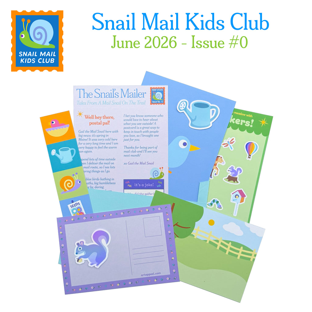 Snail Mail Kids Club June issue, with colorful newsletter, art print, postcard, stickers, and bookmark