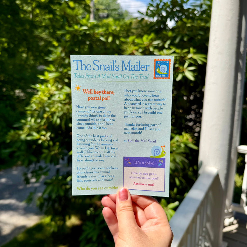 Snail Mail Kids Club newsletter for July with a colorful message from Gail the Mail Snail