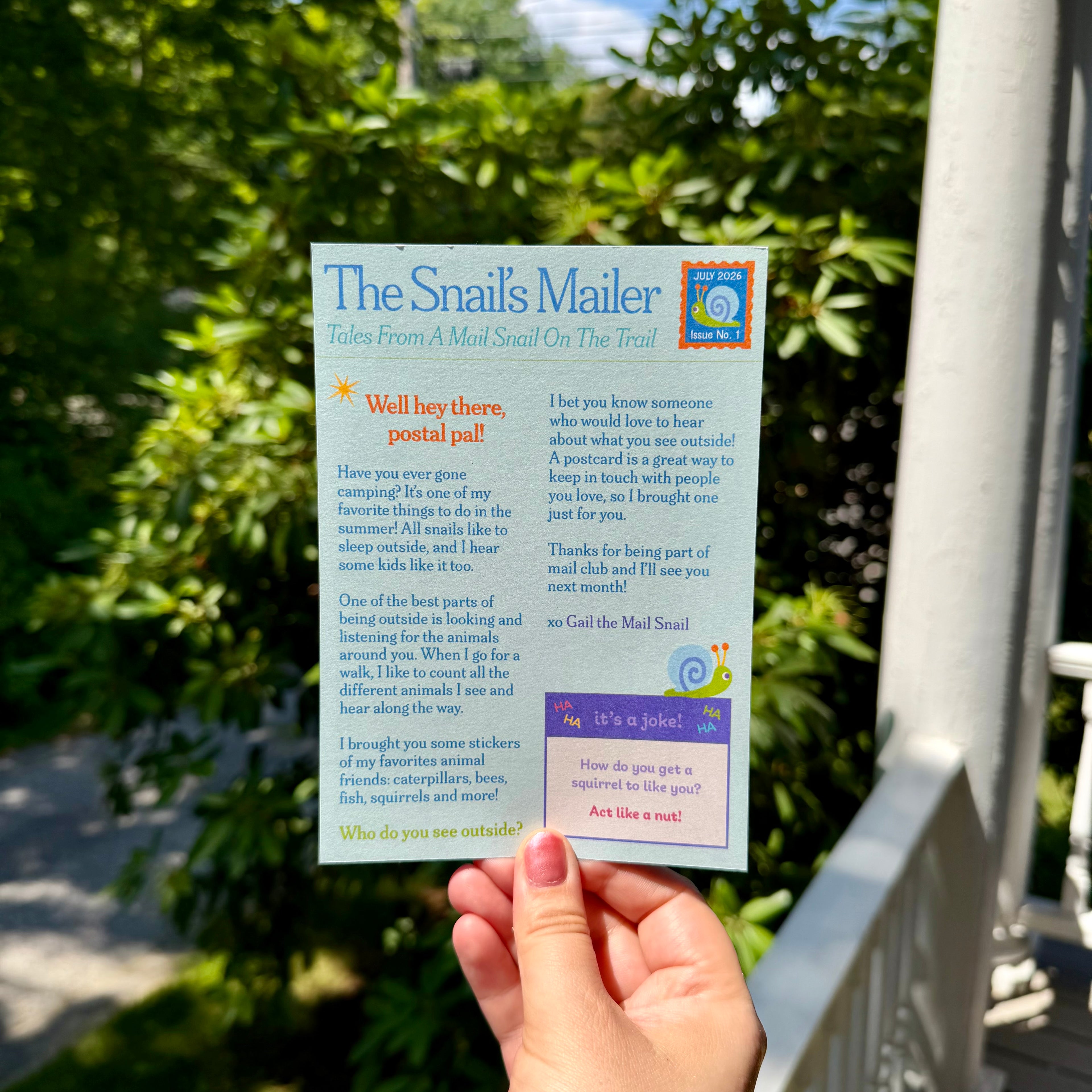 Snail Mail Kids Club newsletter for July with a colorful message from Gail the Mail Snail