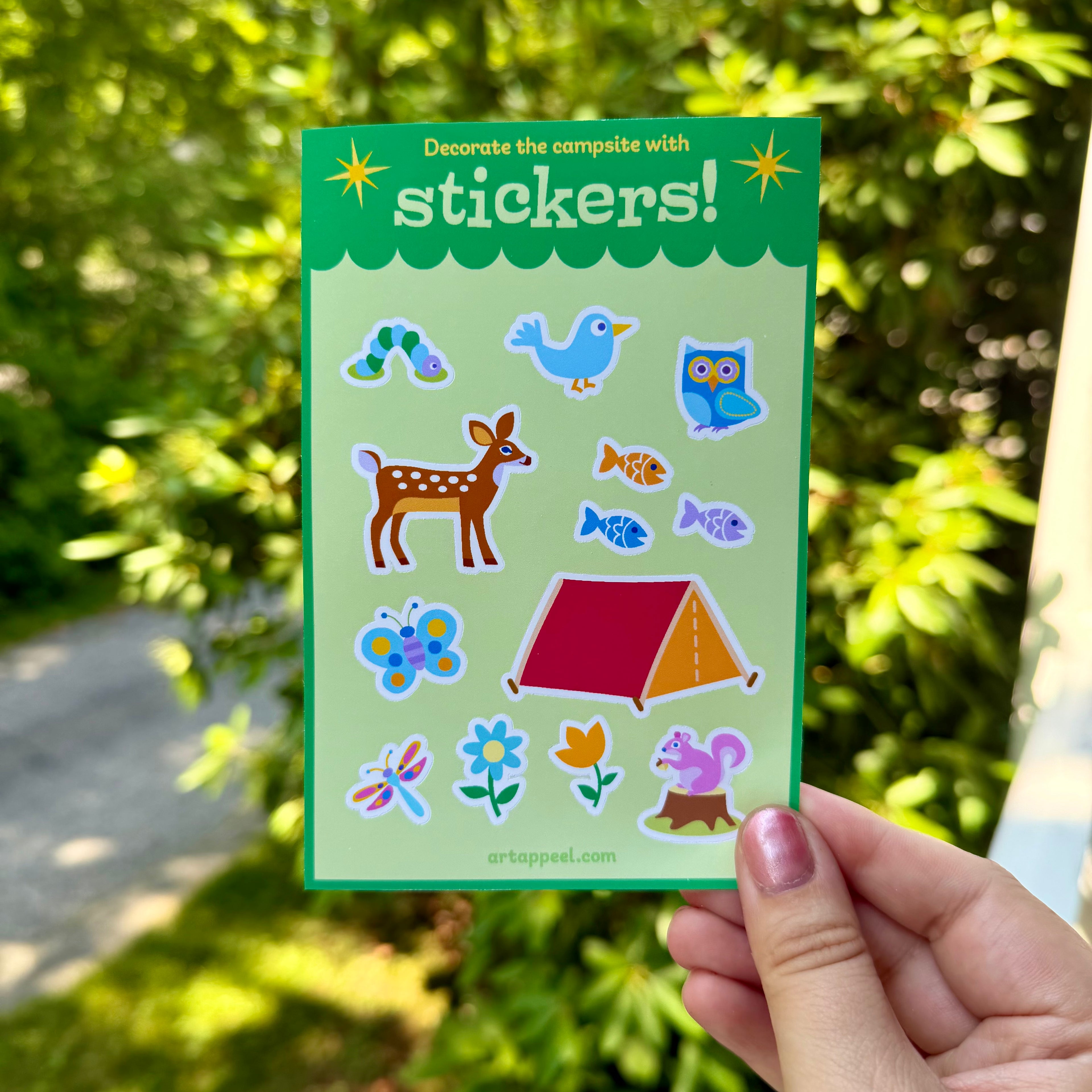 Kids mail club sticker sheet with a camping theme, featuring animals and a camping tent