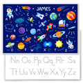 This is an Outer Space themed personalized placemat for kids. It features space objects from Astronauts to Rockets to UFOs and the Galaxy! Personalized for kids and toddlers for both boys and girls.