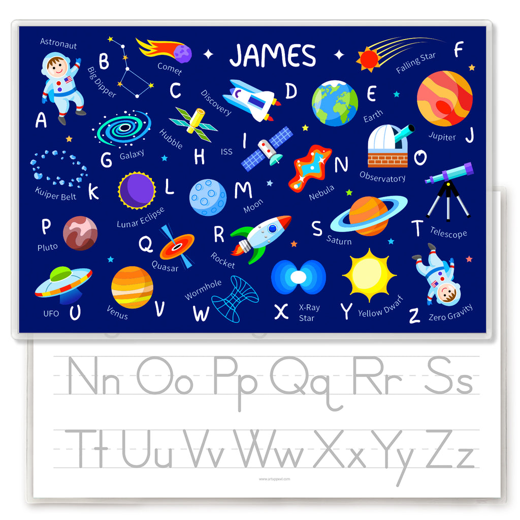 This is an Outer Space themed personalized placemat for kids. It features space objects from Astronauts to Rockets to UFOs and the Galaxy! Personalized for kids and toddlers for both boys and girls.