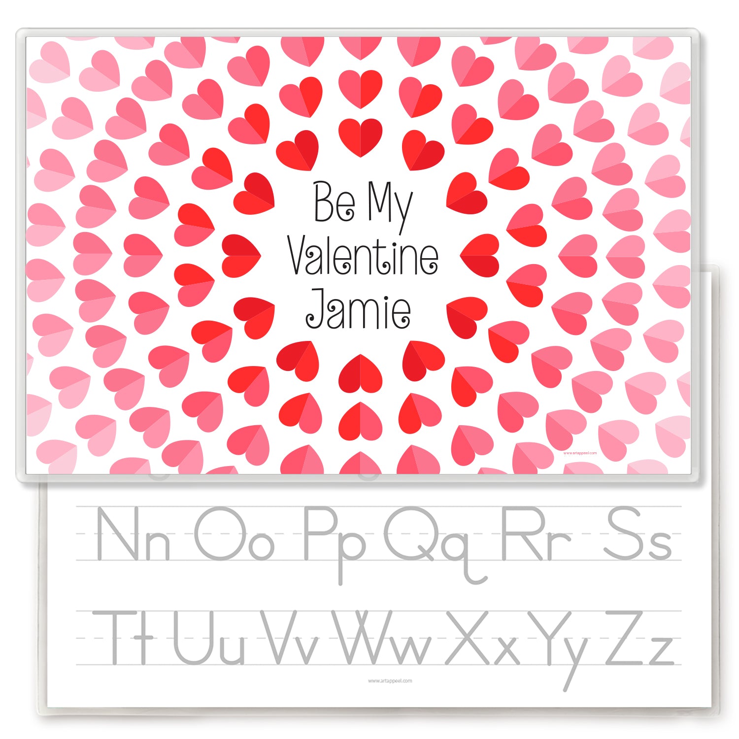 This personalized placemat for kids is a great Valentines gift. It features the childs name with Be My Valentine and is surrounded by hearts forming a circle.