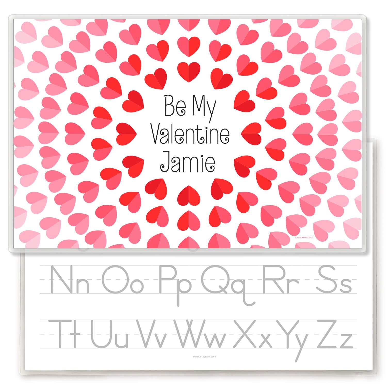 This personalized placemat for kids is a great Valentines gift. It features the childs name with Be My Valentine and is surrounded by hearts forming a circle.