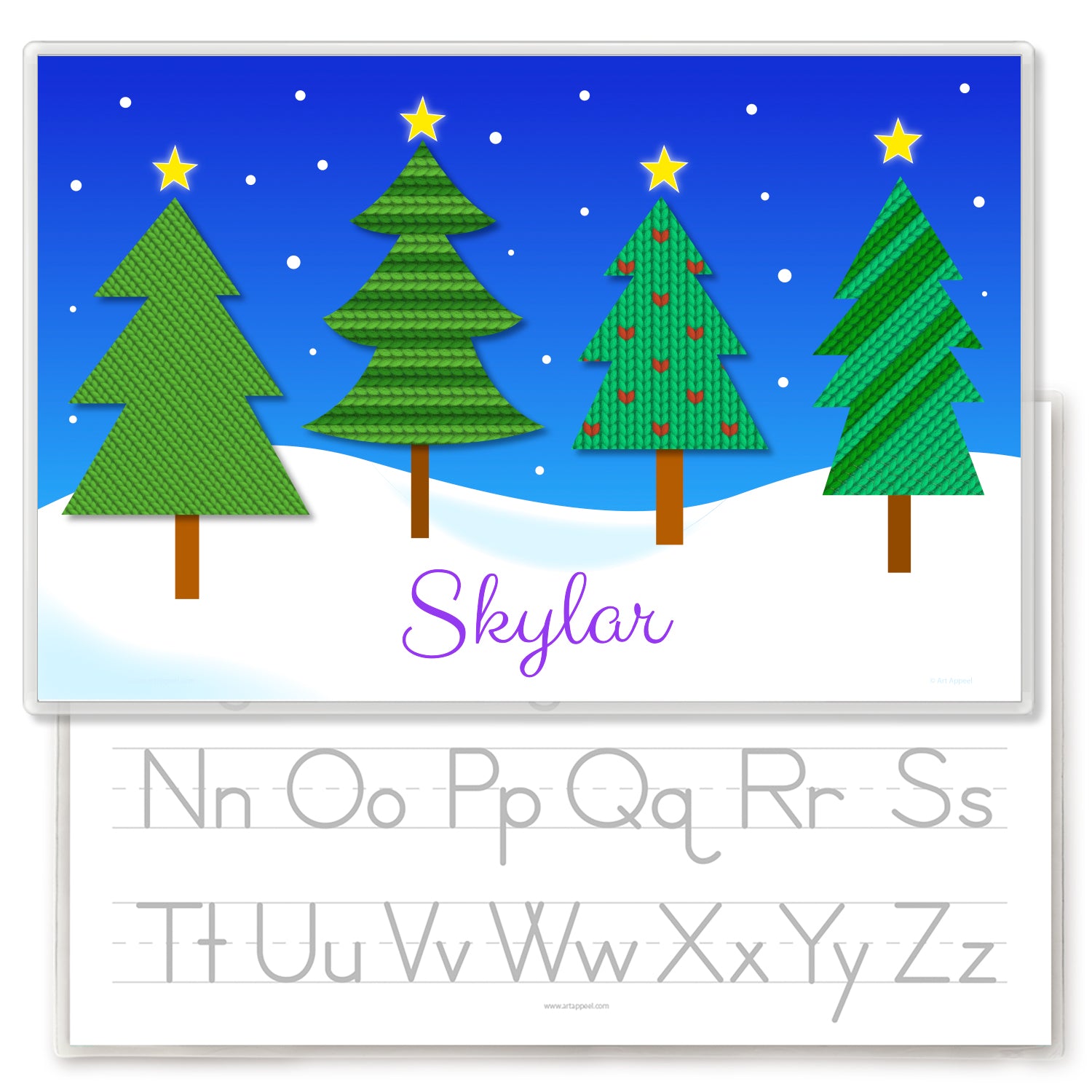Christmas Pine Trees personalized placemat for kids. Four pine trees with sweater knit patterns on a snowy scene. Personalized with name at the bottom. Reverse side has alphabet letters for tracing.