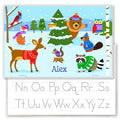 Image showing front and back of a Personalized place mat for kids with woodland animals in a winter scene. Animals are wearing sweaters and knit hats.  Child's name is at the bottom center.  Reverse has alphabet letters for tracing.