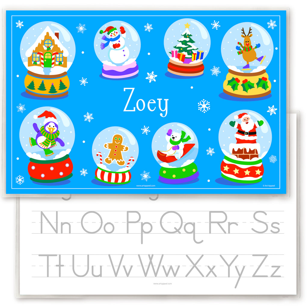 Snow globes personalized placemat features eight snow globes with winter themes on a blue ground with child name in the center. Reverse side has Upper and lower case alphabet letters for tracing.