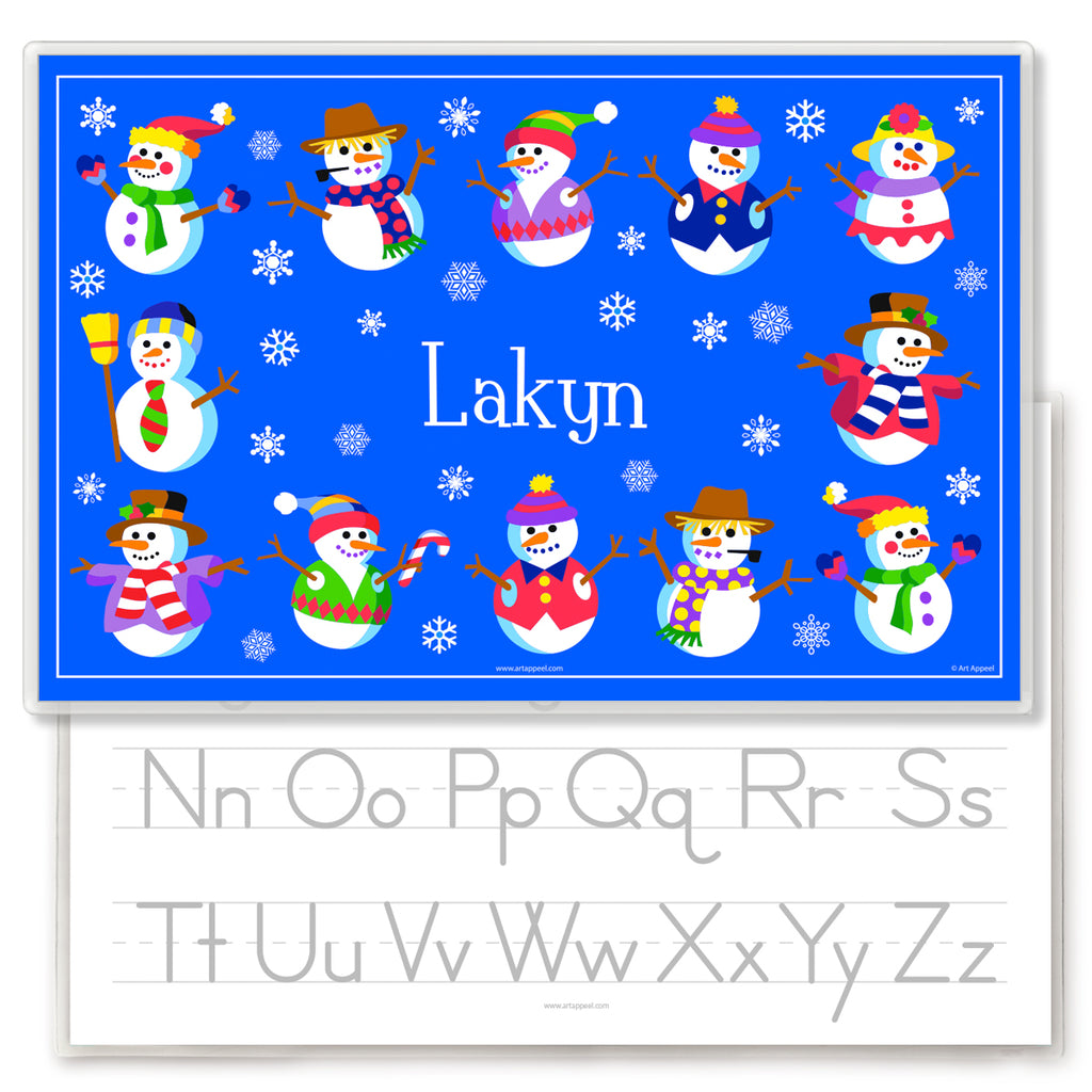Personalized Snowman placemat for kids. Front is deep blue with 12 snowmen each with colorful hats or scarves. Name is in the center in white with snowflakes. Back has alphabet letters for tracing.
