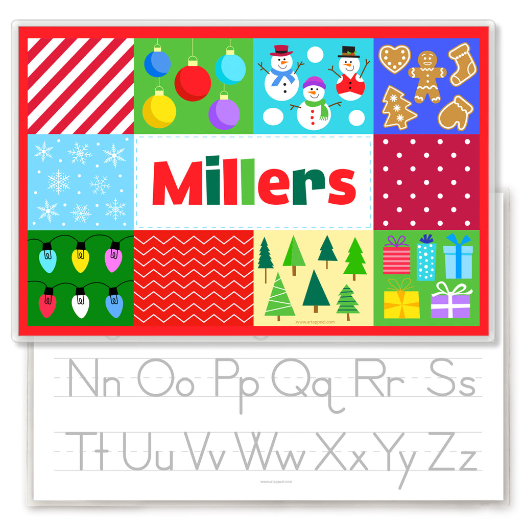 Christmas personalized placematn for kids. Ten squares each with a wrapping design in each. Name for personalization is in the center. Reverse side has alphabet letters for tracing,
