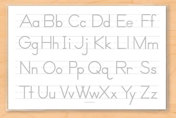Reverse side features grey upper and lower case alphabet on lined primary paper